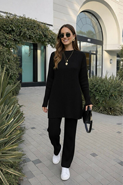 oshebu Women's Mock Neck Side Slit Top-Bottom Set