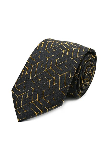 Sade Kravat Black Yellow Special Patterned Jacquard Silk Tie 32197 Yellow