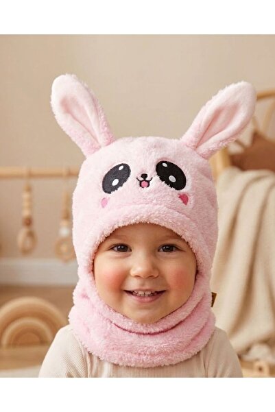 Baby-Kid Store Tavşan Çocuk Peluş Bere Atkı Termal Kapşonlu Boyunluk Rüzgar G...
