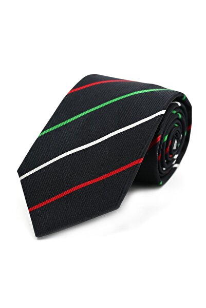 Sade Kravat Smoked Black Green Red White Striped Silk Tie 32489 Smoked