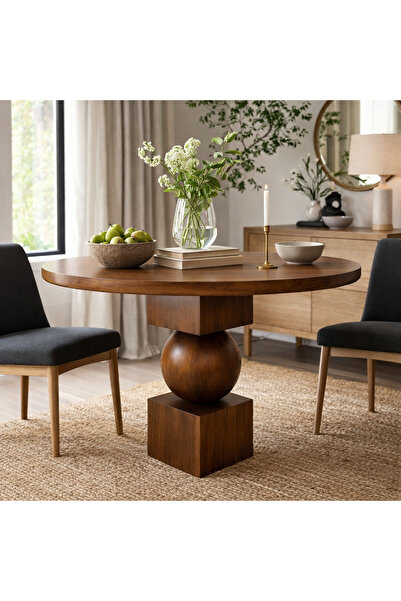 Trihome Masif Ahşap Yuvarlak Yemek Masası | Top Ayaklı Özgün Tasarım | Modern...