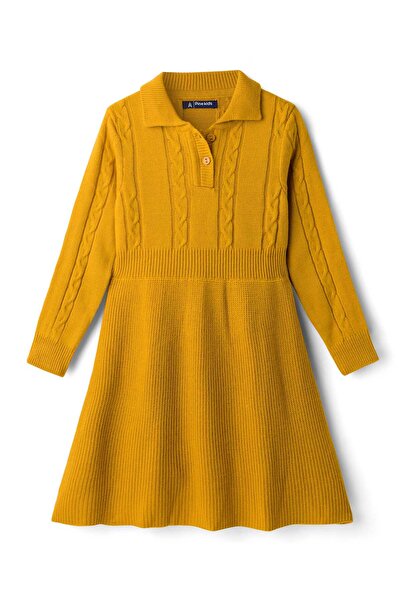 Pine kids Knit Full Sleeves Woolen Dress with Cable Knit Design - Mustard
