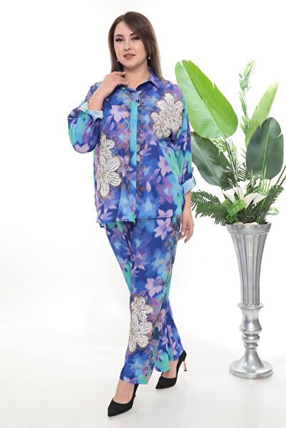 JERFİ Women's Plus Size Lace and Stone Detail Double Design Set