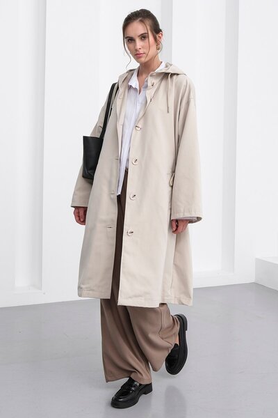 Trend Alaçatı Stili Women's Stone Double Pockets Hooded Waist Tie Button Clos...