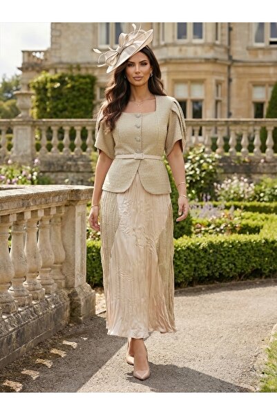 1Moda1Tarz Εισαγόμενο ύφασμα τουίντ, μπουφάν με λεπτομέρεια κουμπιών, σατέν σ...