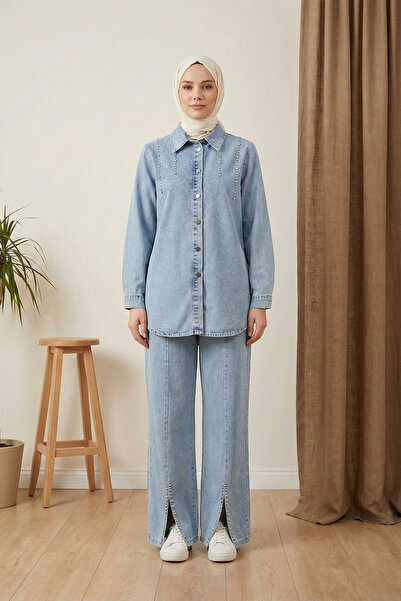 MODAQU Slit Detailed Stoned Tunic Trousers Jeans Set - Ice Blue