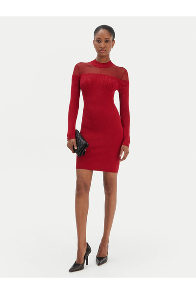 Guess Uzun Kollu Mini Jeena Süslemeli Kadın Kırmızı Elbise W6RK98Z2YJ2-G524