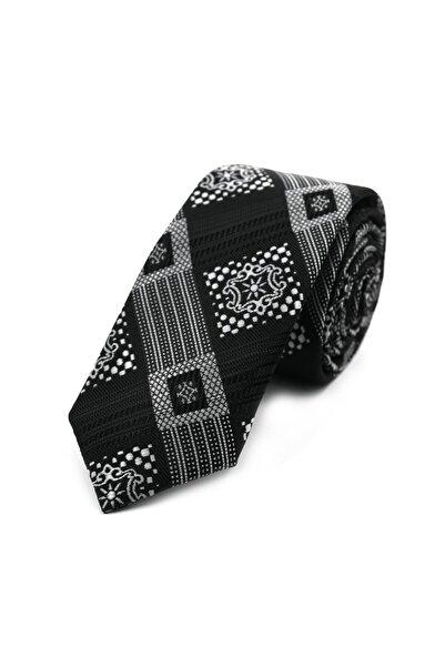 Sade Kravat Siyah Beyaz Özel Ekoseli İnce Kravat 32466 Siyah
