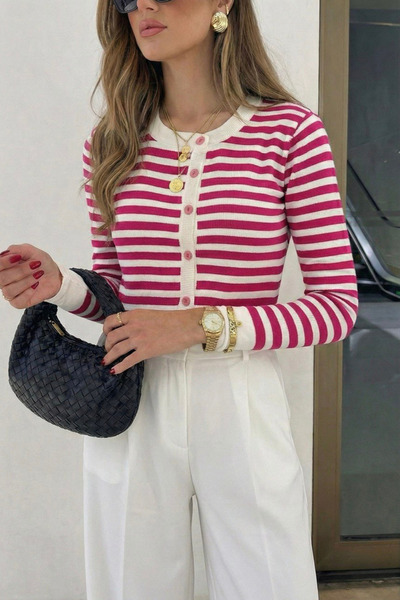 oshebu Women's Striped Button-Front Knit Cardigan