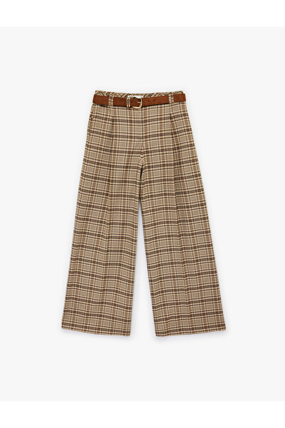 Koton Wide-Leg Plaid Pants with Pockets, Pile Detail, and Belt.
