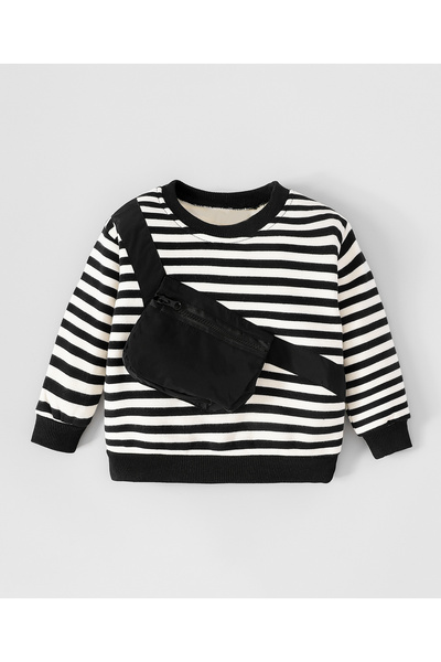 SAPS سويت شيرت بأكمام طويلة مزين برقعة حقيبة مزيفة ومخطط - أسود وأبيض