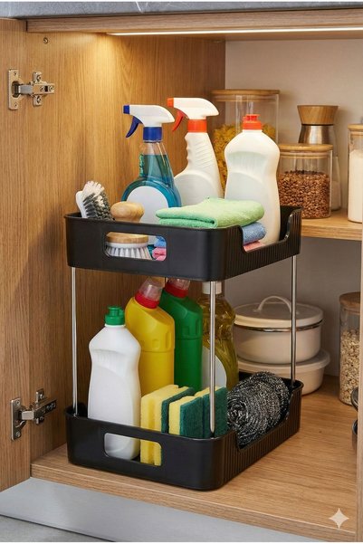 Lilya Home 2-Tier Multi-Purpose Makeup Organizer - Jewelry Organizer Bathroom Shelf Shampoo Holder Black