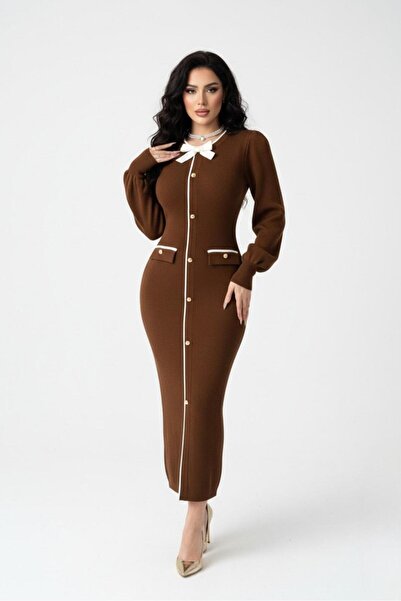 Cara Midi Length Women's Knitwear Dress with Ribbon and Buttons Standard Size...