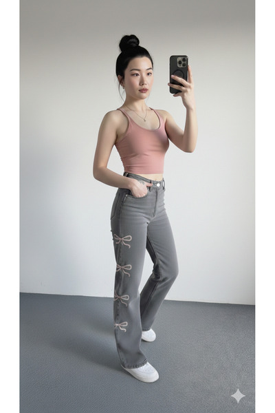 sion jeans Pantaloni de damă gri, tip Palazzo, cu detaliu panglică pe lateral