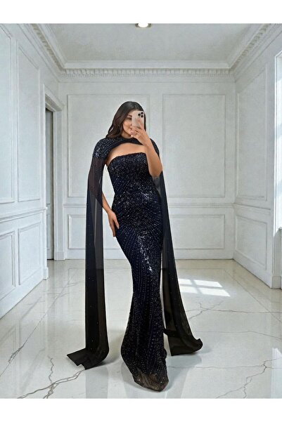 OLA Valentina Beaded Sequin Embroidered Cape Navy Blue Designer Evening Dress