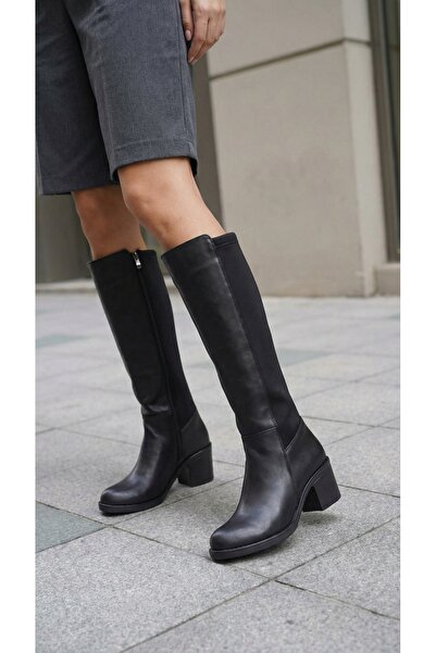 Moda Lime Kadın Siyah Diz Altı Kalın Topuk Esnek Streç Klasik Şık Günlük Çizm...