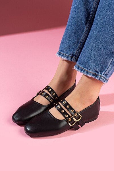 FUGA MODA Balerini Rovigo din piele neagră cu cataramă aurie și curea dublă