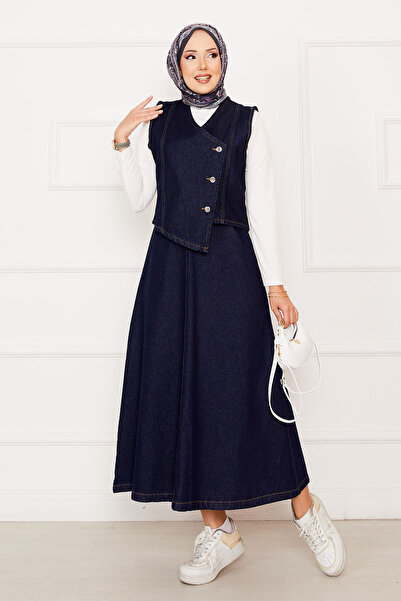 EBRUTESETTÜR Asimetrik Yelekli Etekli Kot İkili Takım Lacivert