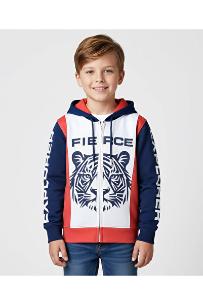 Pine kids Cotton Knit Full Sleeves Hooded Sweatjacket with Tiger Print - Blue...