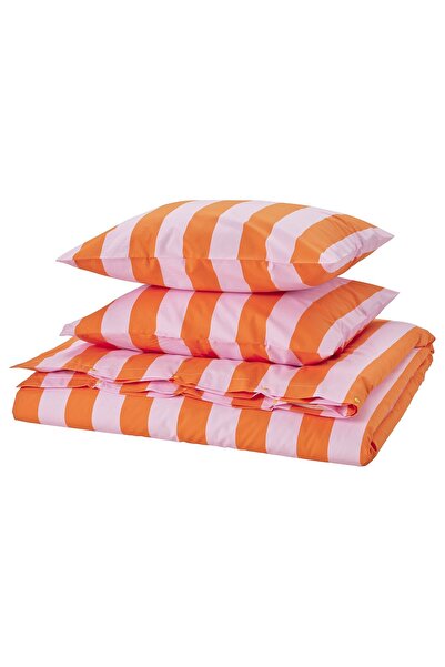 IKEA SLÅNHÖSTMAL Husă pilotă + 2 fețe de pernă, portocaliu/roz/dungate, 200 x...