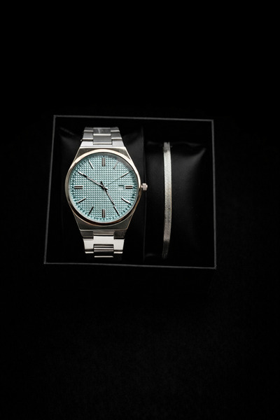 MEKKANMODA Erkek Çelik Kordonlu Turkuaz Kadranlı Modern Kol Saati