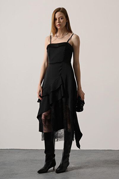 Trend Alaçatı Stili Women's black strapless lace detail asymmetrical dress al...