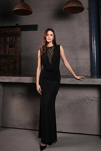 Trend Alaçatı Stili فستان نسائي أسود من ديجاجي بياقة من التول وظهر من التول و...