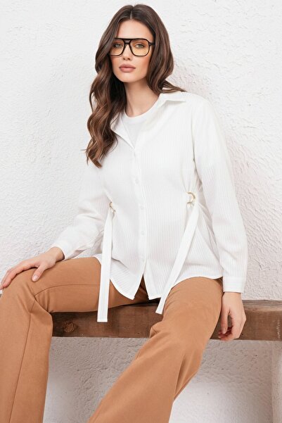 Trend Alaçatı Stili Women's White Textured Shirt with Metal Accessories and S...