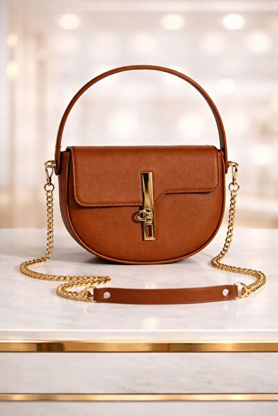 PefyBaby Kadın Taba El ve Omuz Çantası, Gold Kilit Detaylı Şık Çapraz Çanta