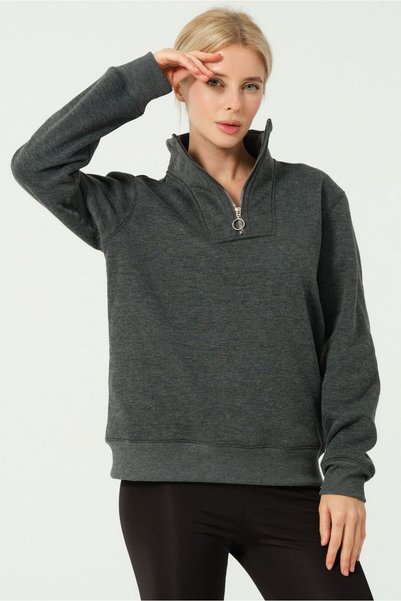 DOFİ Kadın Antrasit Yarım Fermuarlı Kapüşonlu Sweatshirt