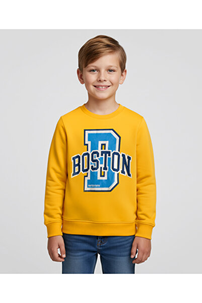 Pine kids Knit Full Sleeves Sweatshirt with Front & Back Boston Print - Yellow