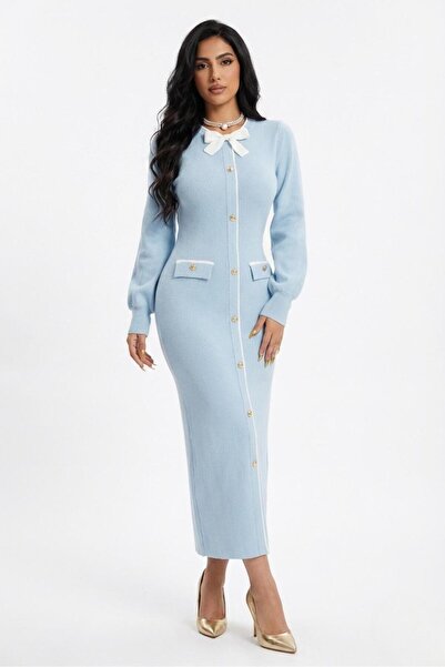 Cara فستان تريكو نسائي متوسط الطول بأزرار وشريط، مقاس قياسي، لون قطني