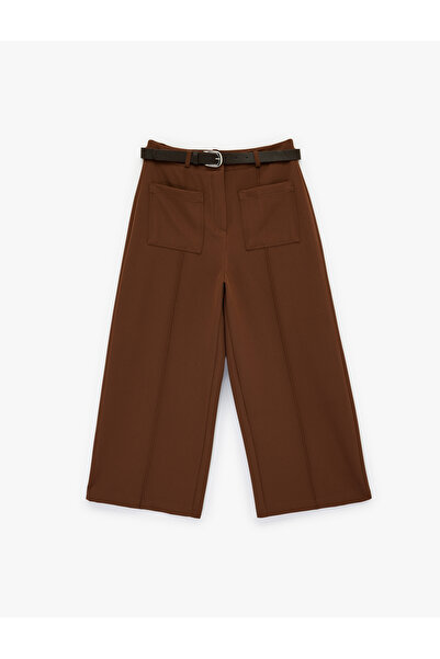 Koton Appliqué Pocket Detailed Wide-Leg Belted Fabric Trousers