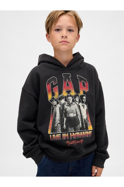 GAP Erkek Çocuk Siyah Stranger Things VintageSoft Grafik Baskılı Sweatshirt