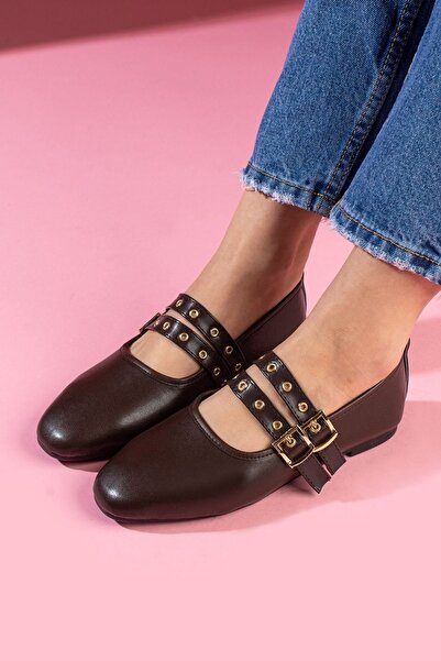 FUGA MODA Balerini din piele maro Rovigo cu cataramă aurie și bandă dublă