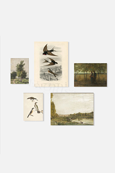 HOME DEKORİSTA Çerçevesiz Vintage 5'li Poster Seti, Galeri Duvarı, Sanatsal B...