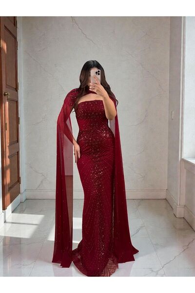 OLA Valentina Boncuk Payet İşlemeli Pelerinli Siyah Tasarım Abiye Elbise