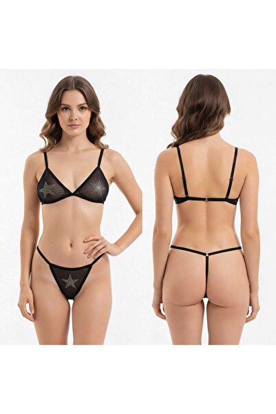 TWINTICKS Μαύρο διαφανές σετ εσώρουχων με πέτρινο κεντημένο μοτίβο αστεριού, ...