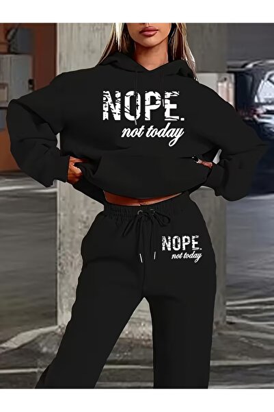 WOODROFFE Women's Nope Printed Hooded Bottom Top Oversized Black/Grey Tracksu...