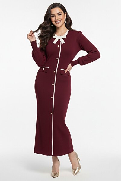 Cara Midi Length Women's Knitwear Dress with Ribbon and Buttons Standard Size...