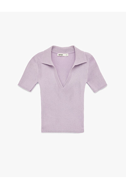 Koton Slim Fit Short Sleeve Shimmer Polo V-Neck Knit Sweater