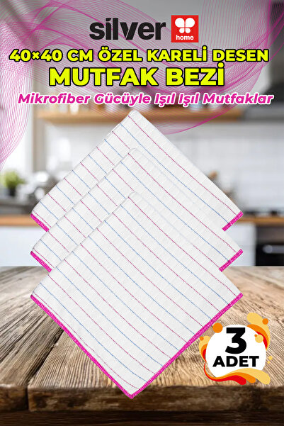 SİLVER HOME 40x40 cm Overloklu Mutfak Bezi Çizgili Kareli Pembe Emici Temizli...