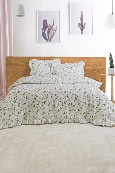 BESTİNA GOLD طقم غطاء لحاف فردي 100% قطن مع حواف مزخرفة ومكشكشة