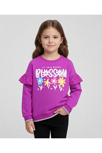Pine kids سويت شيرت قطني محبوك بأكمام طويلة وأكتاف منسدلة، مزين بطبعة زهور وت...