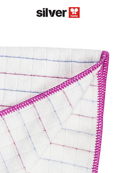 SİLVER HOME 40x40 cm Overloklu Mutfak Bezi Çizgili Kareli Pembe Emici Temizlik Bezi 3 Adet