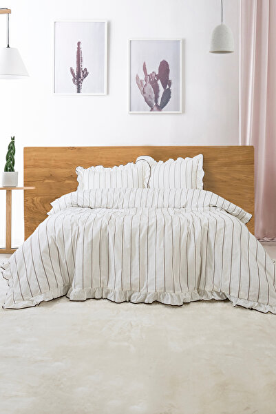 BESTİNA GOLD Double Duvet Cover Set 100% Cotton Ornamental Overlocked Ruffles