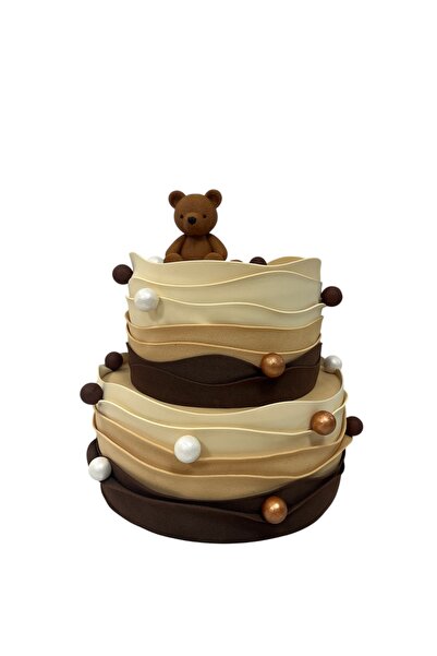 OGELAPARTY Ayıcıklı Özel Tasarım 2 Katlı Doğum Günü Pastası | Bej & Kahve Ton...
