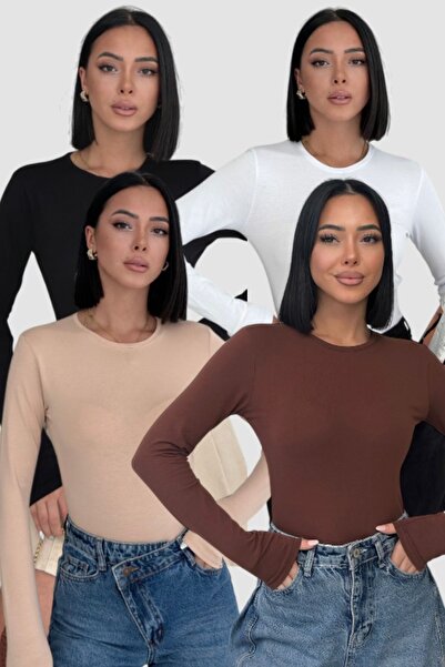 Lunamiratto Women's 4-Piece Long Sleeve Crew Neck Body Flexible Cotton Basic ...