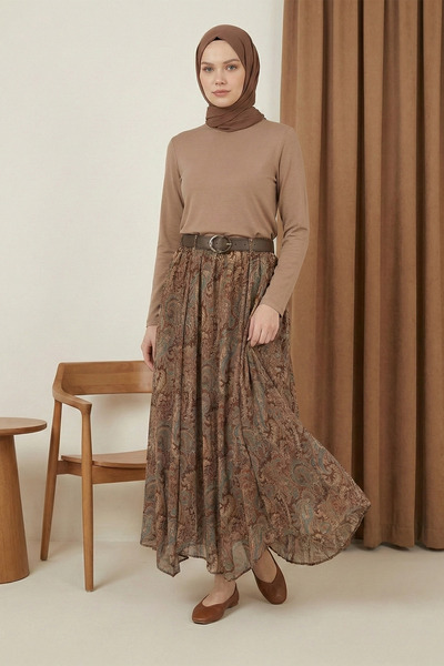 MODAQU Asymmetrical Belted Lined Chiffon Skirt - Khaki