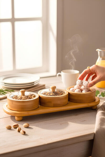 tutku home Bambu Tepsili 3'lü Yuvarlak Çerezlik, Kahvaltılık (32*11,5 cm)